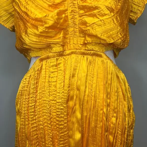 Express Satin V-Neck Flutter Sleeve Pleated Cutout Midi Dress Sz M Yellow Gold - Picture 4 of 11